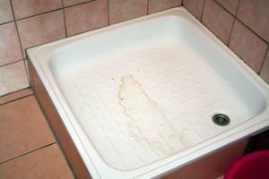 Dusche  ohne Duschvorhang und nicht gerade sauber